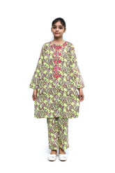 Plum Fine Lawn Light Green Colour Printed Pink Green Paisley Embroidered Pink threads On 2 pc suit For Girls.